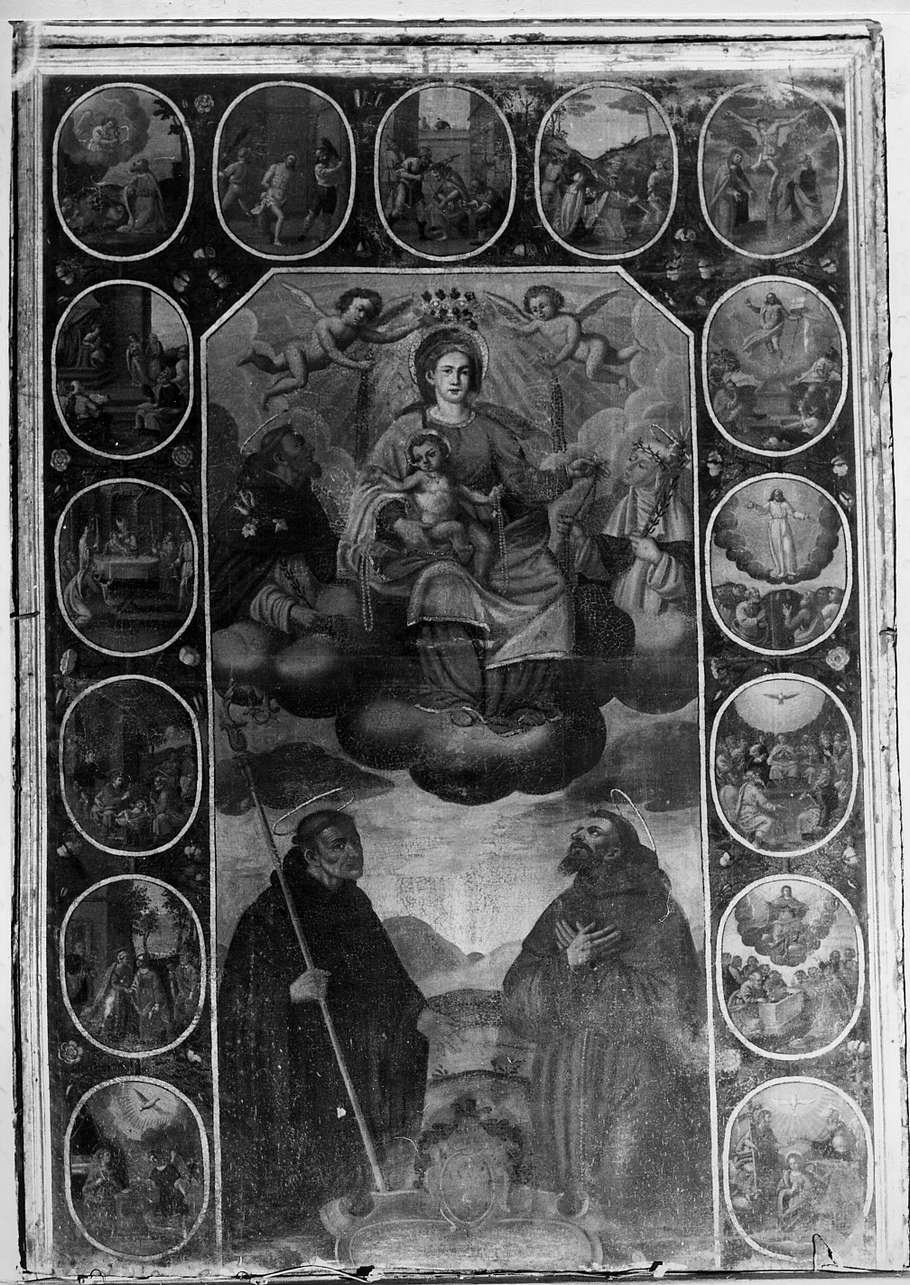Madonna del Rosario con San Domenico e Santa Caterina, santi e misteri del rosario (dipinto, opera isolata) - ambito italiano (sec. XVII)