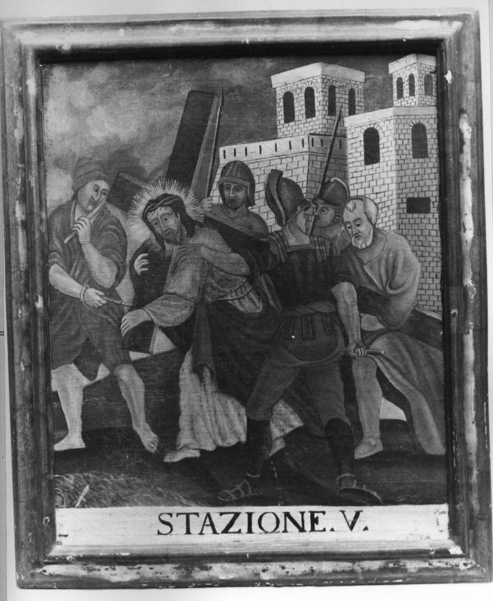 stazione V: Gesù aiutato da Simone il Cireneo a portare la croce (Via Crucis, ciclo) di Carrettonus Dionisius (sec. XVIII)