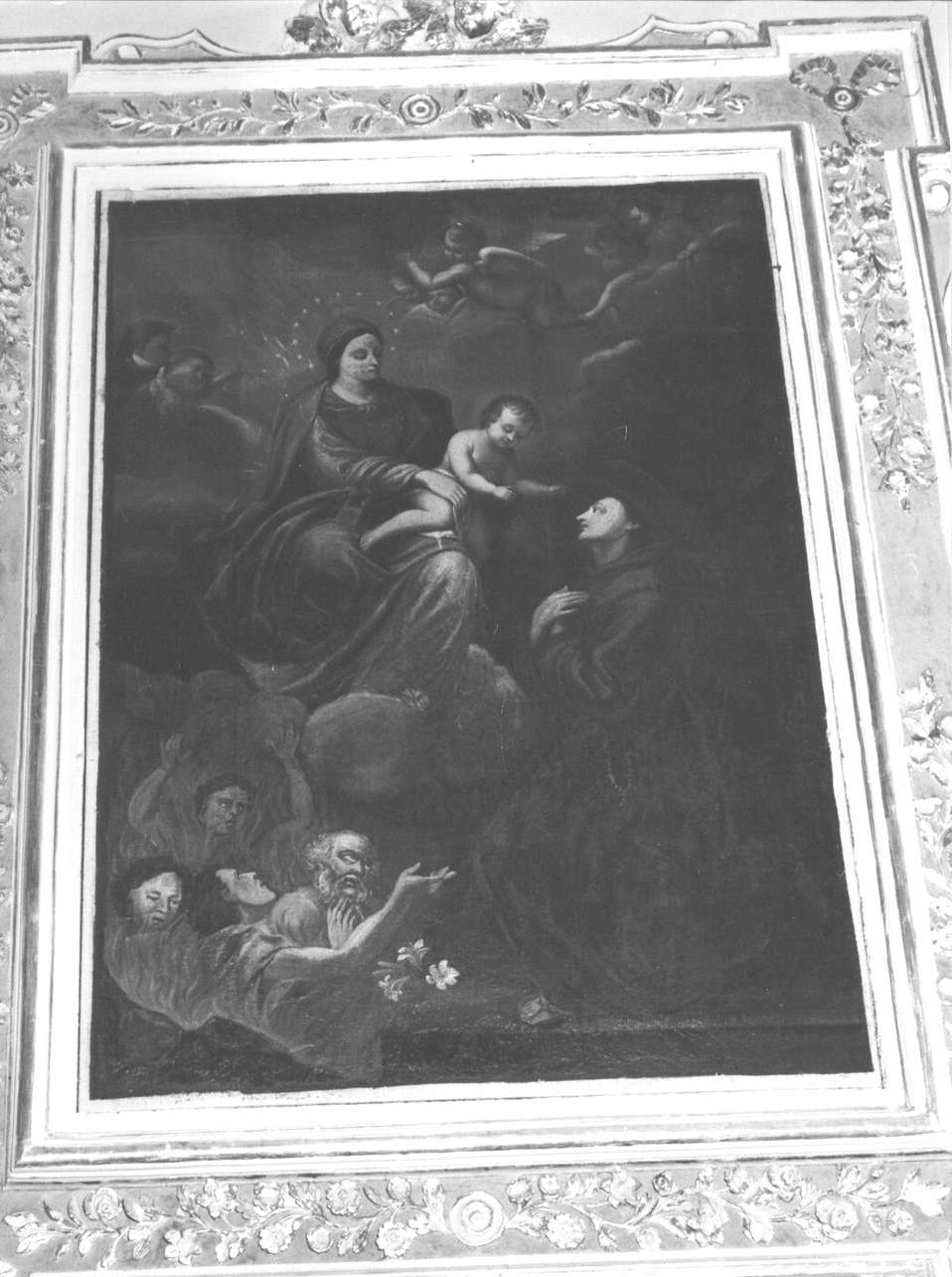 San Antonio da Padova intercede per le anime del purgatorio presso la Madonna (dipinto, opera isolata) - ambito ligure (sec. XVII)