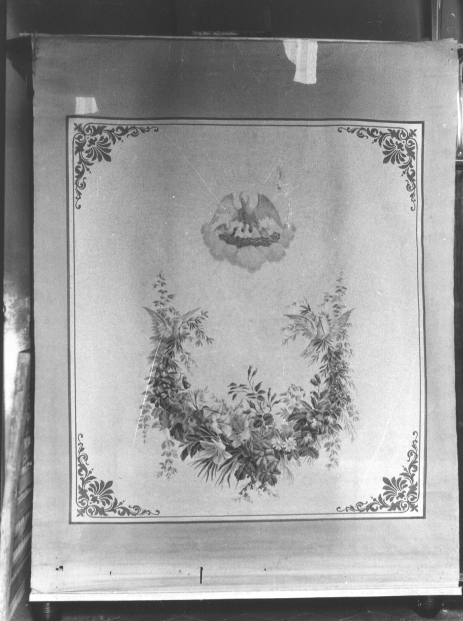 PELLICANO CHE IMBOCCA I PICCOLI NEL NIDO (stendardo, insieme) - PRODUZIONE LIGURE (fine/inizio secc. XIX/ XX)