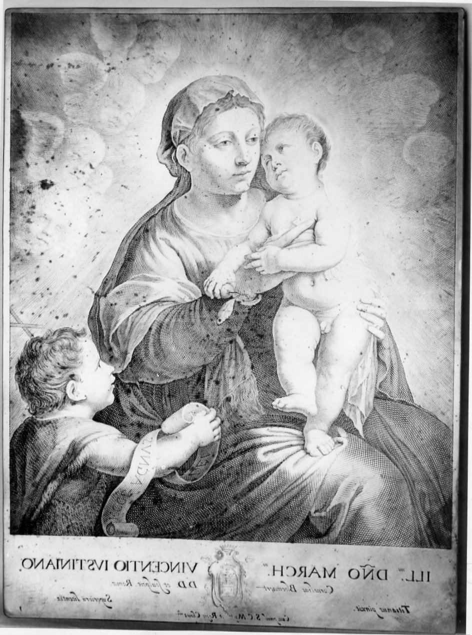 Madonna con Bambino e San Giovannino (matrice, serie) di Bloemaert Cornelis il Giovane, Vecellio Tiziano (sec. XVII)