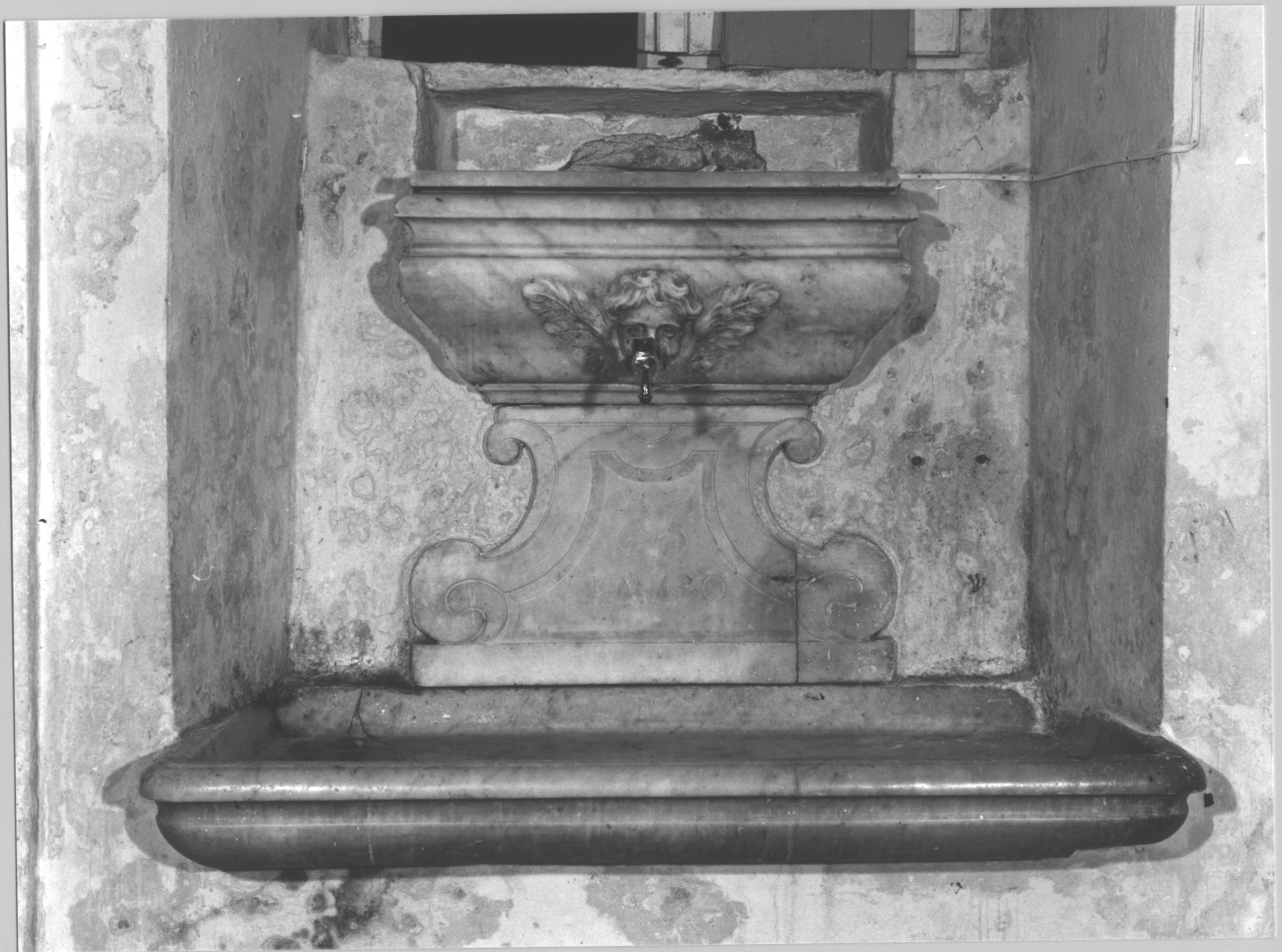 motivo decorativo a volute/ testa alata (lavabo da sacrestia, opera isolata) - bottega italiana (sec. XVIII)