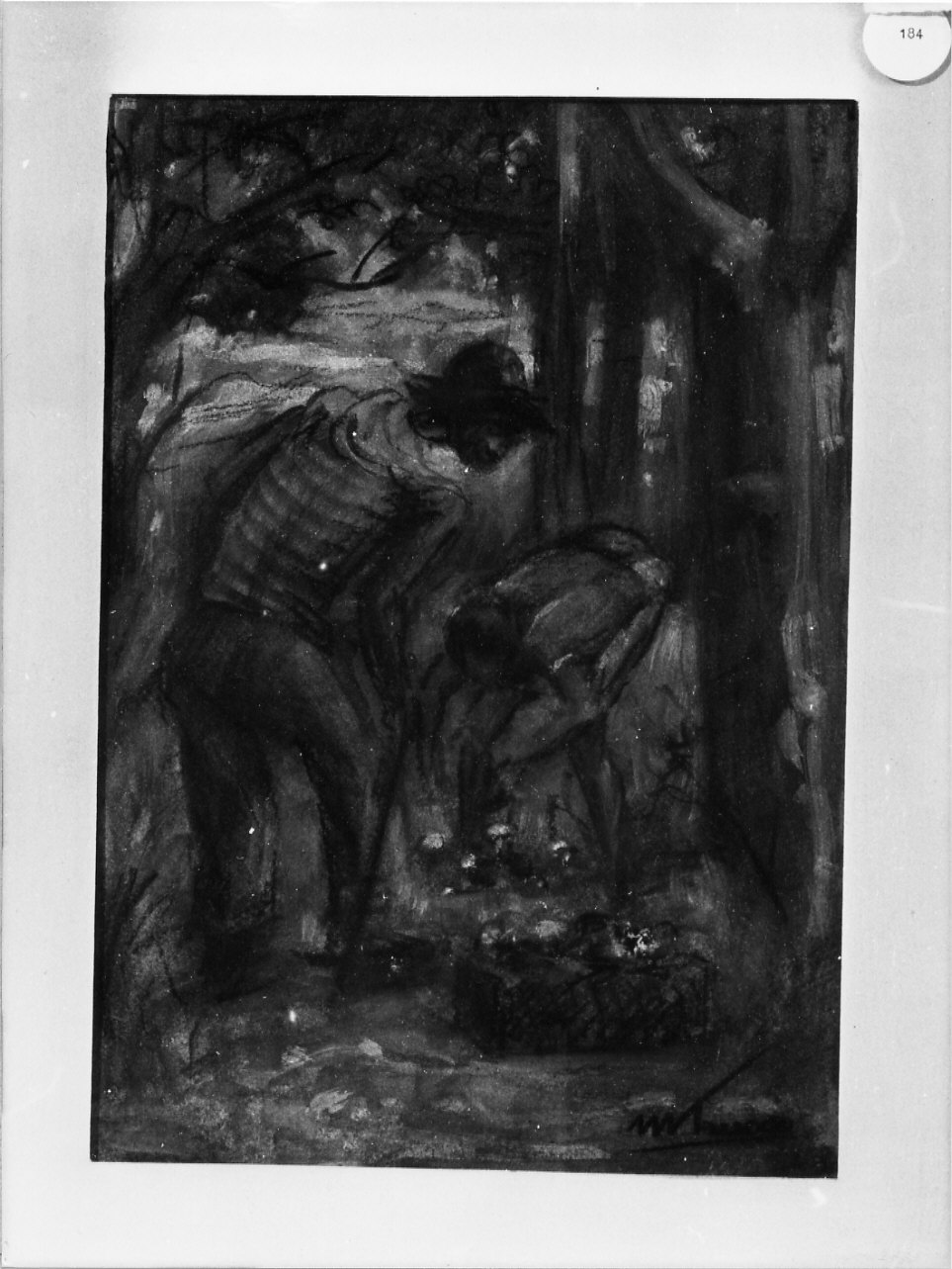 Cercatori di funghi, paesaggio con figure (disegno, opera isolata) di Trucco Manlio (sec. XX)