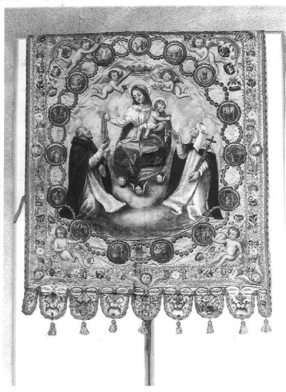 MADONNA DEL ROSARIO CON SANTI DOMENICANI E MISTERI DEL ROSARIO (stendardo processionale, opera isolata) - manifattura genovese (fine sec. XVIII)