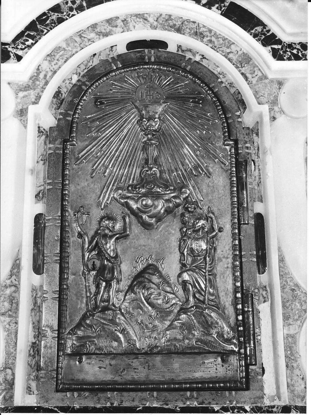 San Giovanni Battista/ San Cristoforo/ Cristo crocifisso (sportello di tabernacolo, elemento d'insieme) - bottega ligure (sec. XVIII)