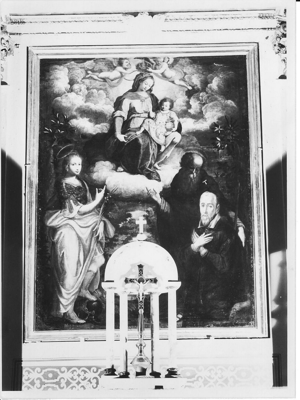 incoronazione di Maria Vergine tra Sant'Antonio Abate, San Candido, Giuseppe Calasanzio (dipinto, opera isolata) - ambito ligure (sec. XVII)