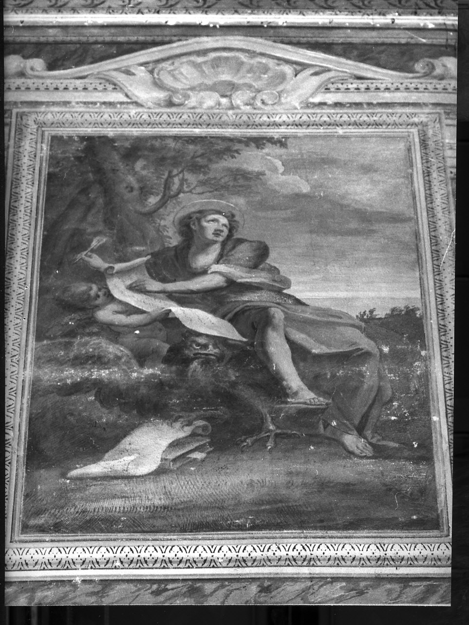 Sant'Agostino/ San Giovanni Evangelista/ gloria d'angeli e colomba dello Spirito Santo/ Fede/ Speranza (decorazione pittorica, complesso decorativo) di Brusco Paolo Gerolamo detto Bruschetto, Brusco Angelo Stefano (secc. XVIII/ XIX)