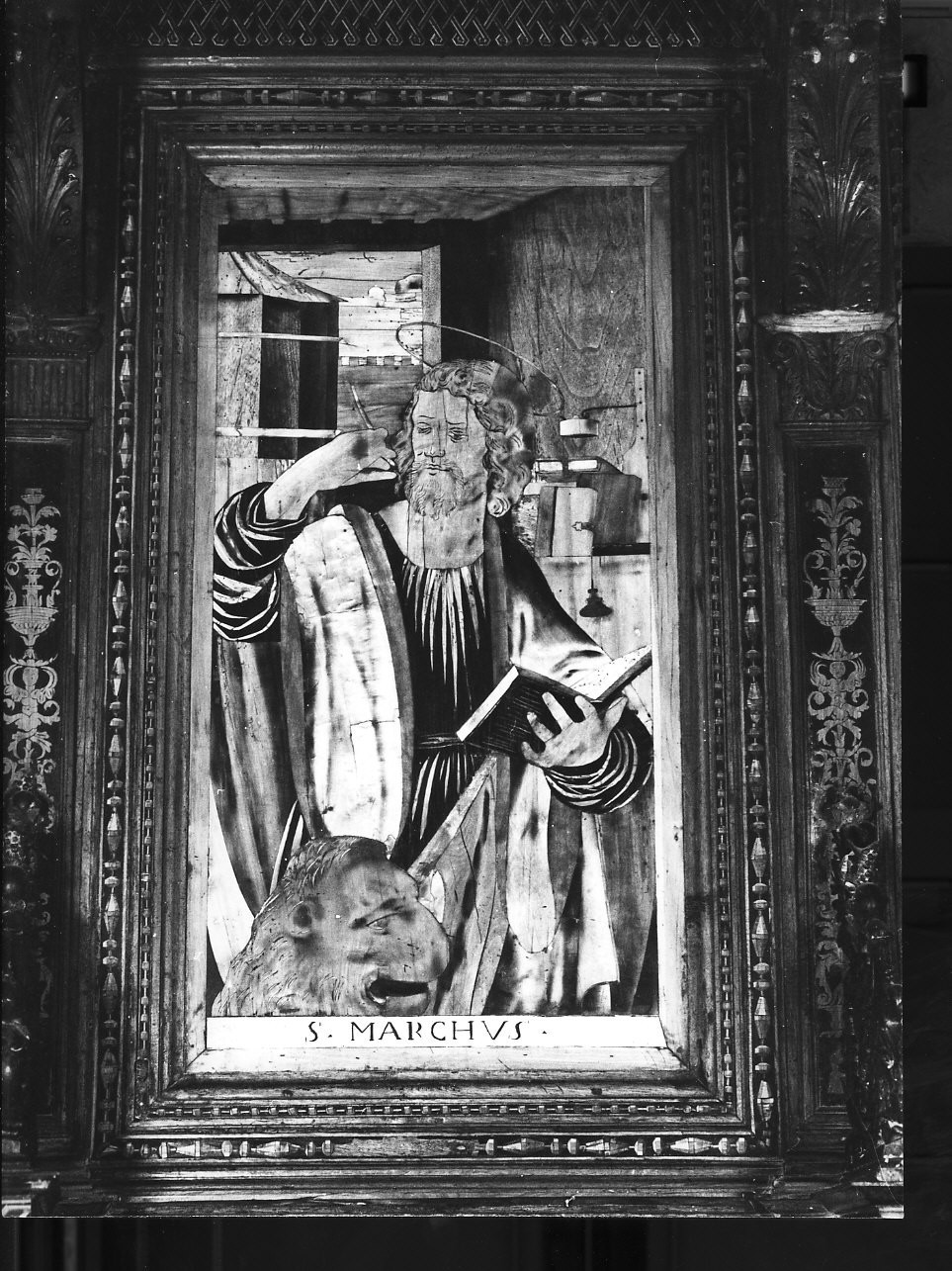 San Marco Evangelista (dossale, elemento d'insieme) di De Rocchi Elia (primo quarto sec. XVI)