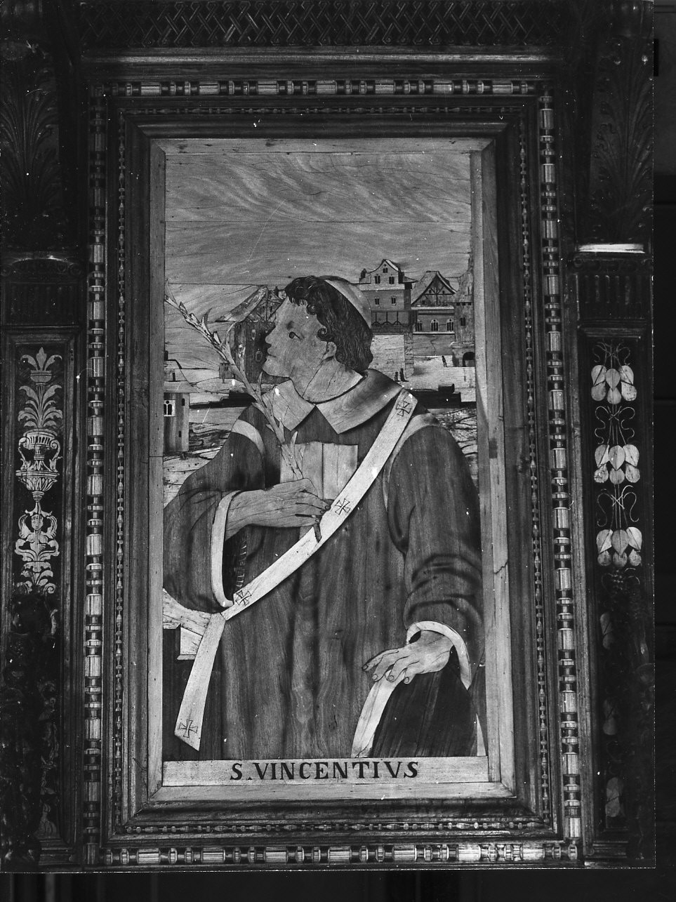 San Vincenzo patrono dei vignaioli (dossale, elemento d'insieme) di De Rocchi Elia (primo quarto sec. XVI)