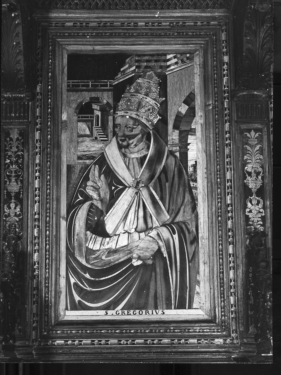 San Gregorio (dossale, elemento d'insieme) di De Rocchi Elia, De Fornari Anselmo (primo quarto sec. XVI)