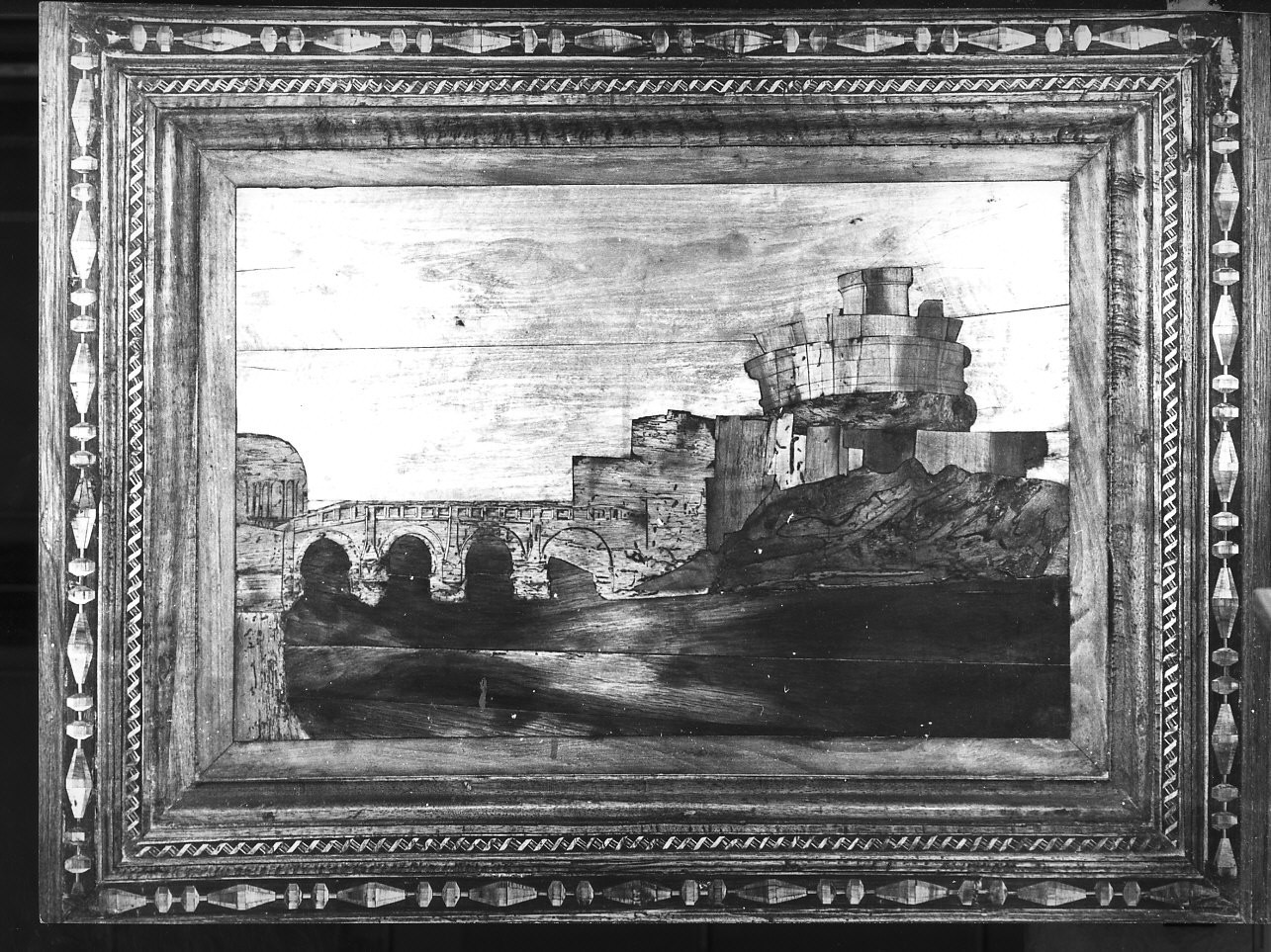 paesaggio con architetture (schienale, elemento d'insieme) di De Fornari Anselmo (e aiuti) (primo quarto sec. XVI)
