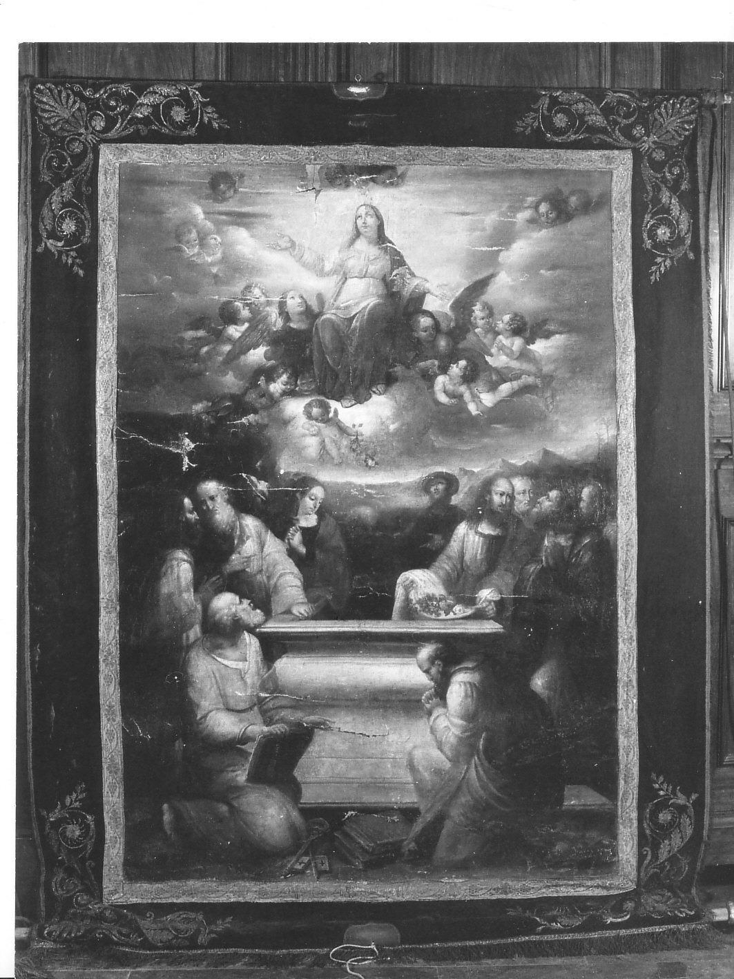 adorazione dell'Eucaristia tra evangelisti, profeti, il sacerdote Aronne e un papa/ assunzione della Madonna (stendardo processionale, opera isolata) - bottega ligure (prima metà sec. XIX)