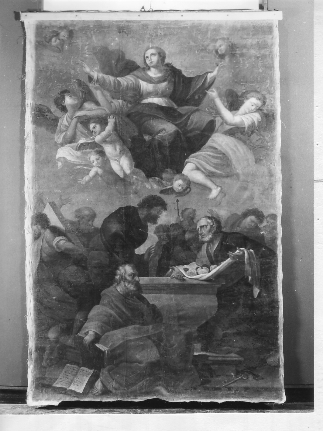 Madonna della Misericordia con il beato Antonio Botta/ assunzione della Madonna (stendardo processionale, opera isolata) - bottega ligure (prima metà sec. XIX)