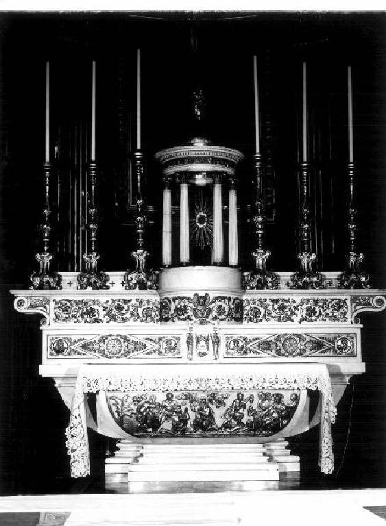 Sant'Antonio Abate/ quattro evangelisti/ Fede (altare maggiore, elemento d'insieme) di Barabino Carlo Francesco (secondo quarto sec. XIX)