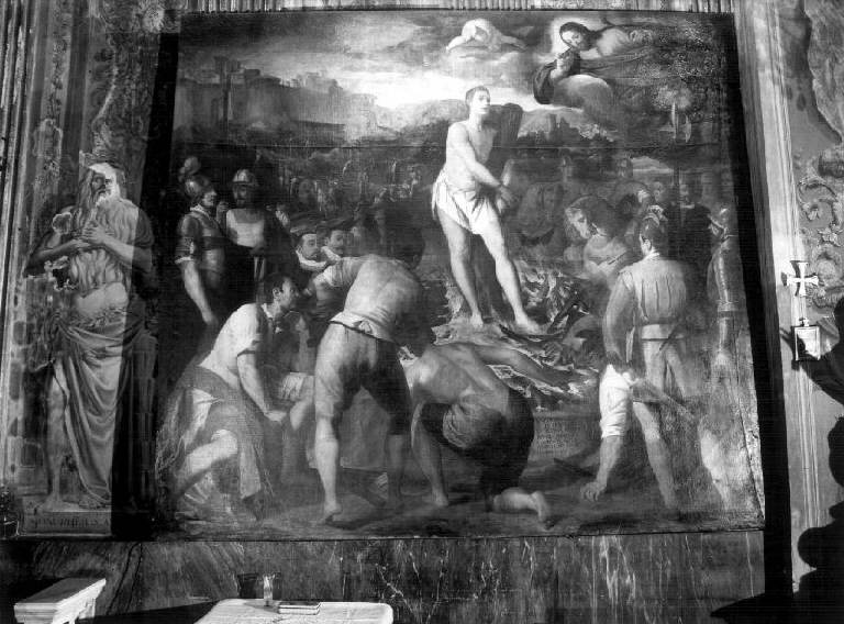 San Giacomo il Maggiore salva un innocente dal rogo (dipinto, opera isolata) di Tavarone Lazzaro detto Bisaccione (sec. XVII)