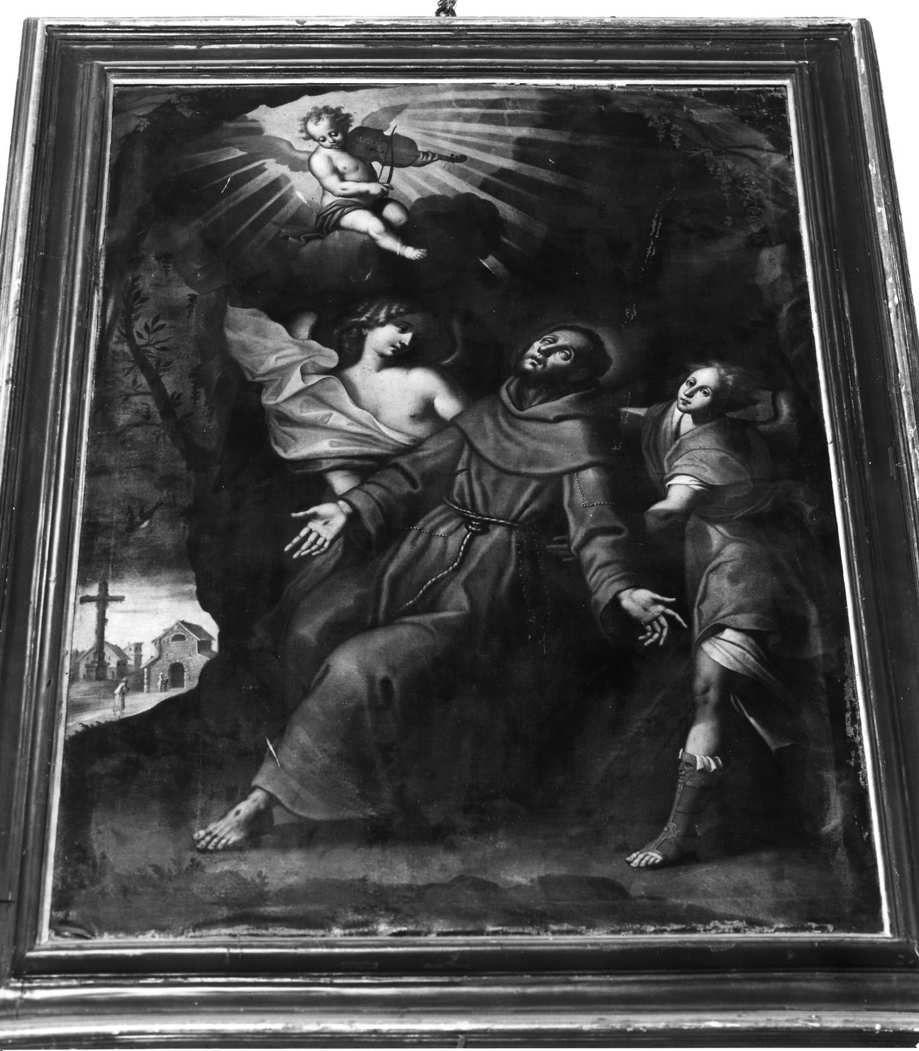 S.FRANCESCO CONFORTATO DA UN ANGELO, San Francesco d'Assisi sostenuto da due angeli dopo aver ricevuto le stimmate (dipinto, opera isolata) di Gastaldi Lorenzo (terzo quarto sec. XVII)