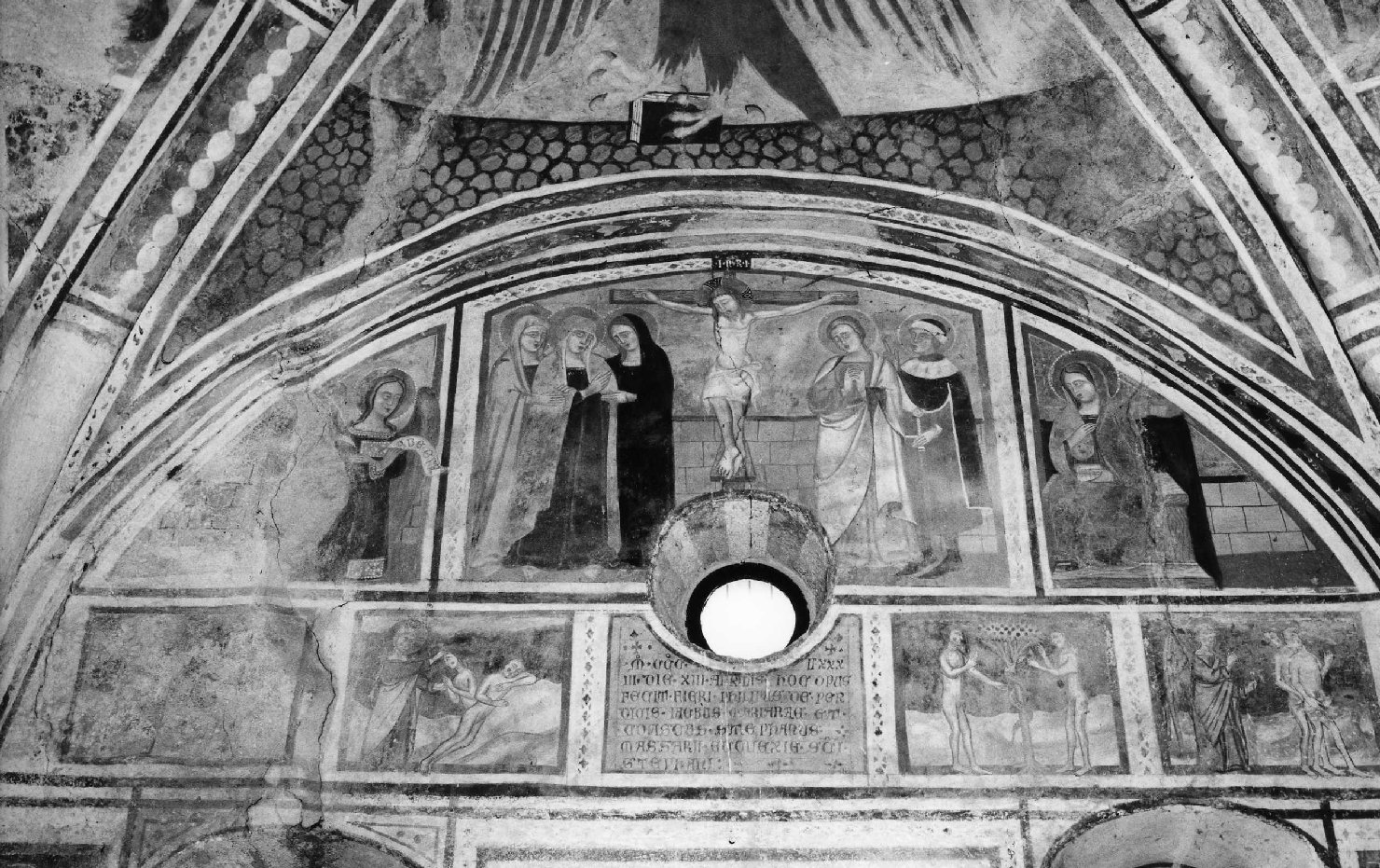 annunciazione, crocifissione, episodi della genesi (dipinto murale, ciclo) di Maestro di Bastia d'Albenga (ultimo quarto sec. XIV)