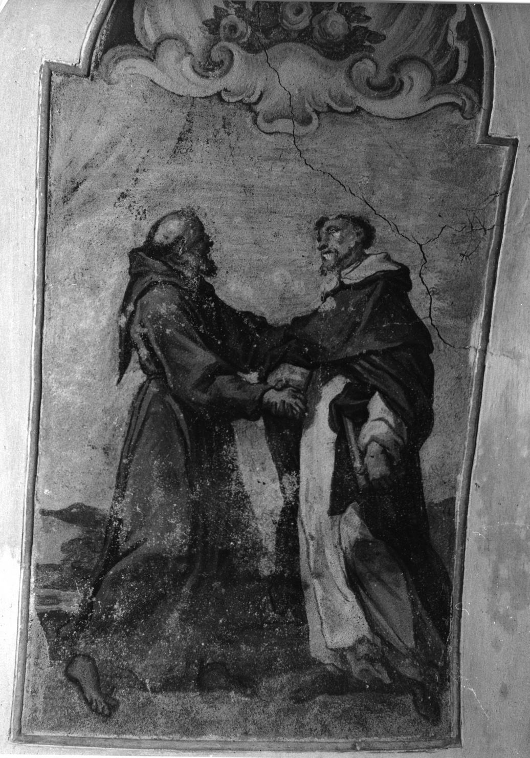 incontro tra San Francesco e San Domenico (dipinto murale) di Carrega Maurizio (attribuito) (secc. XVIII/ XIX)