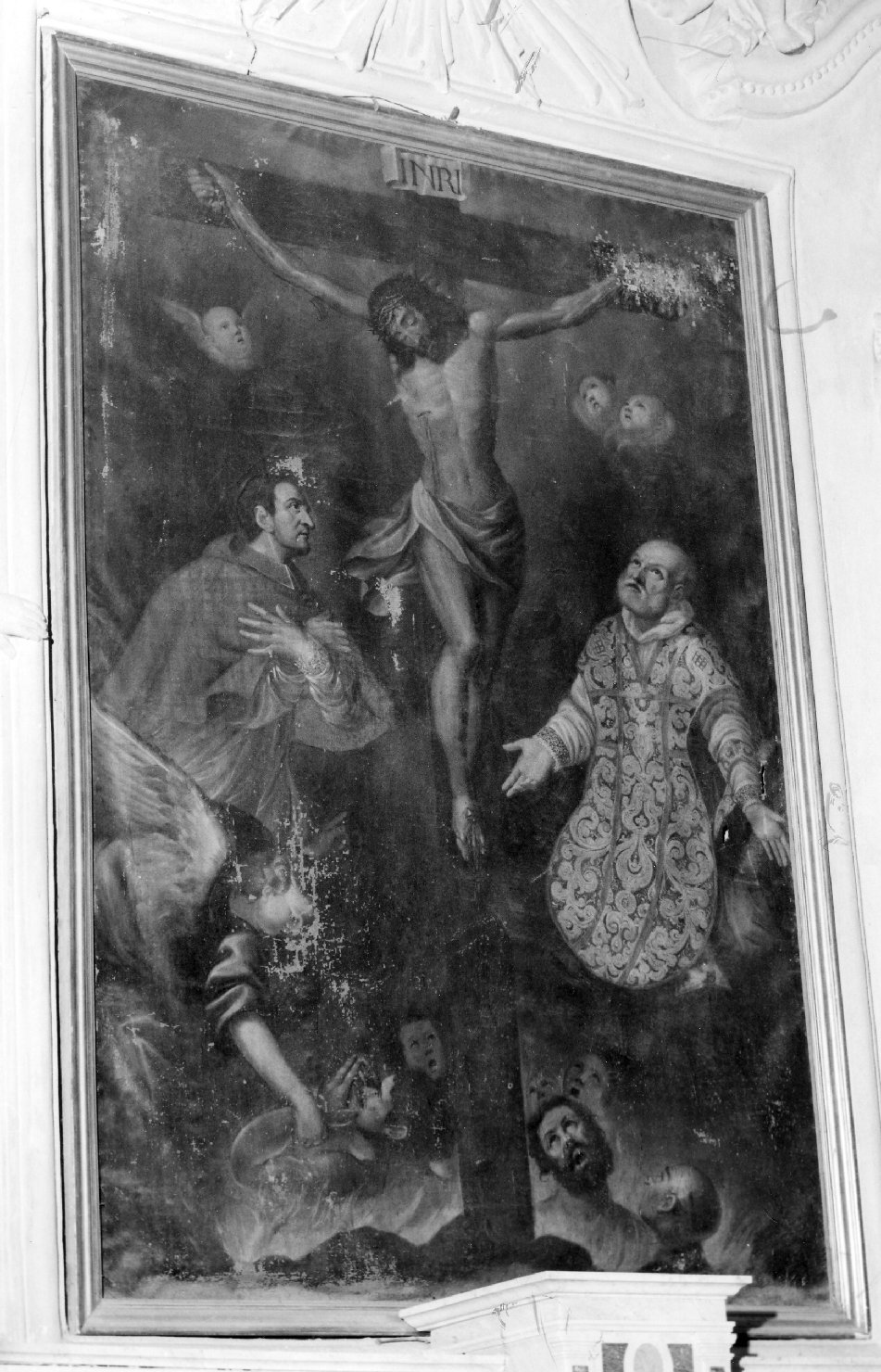 Crocifisso con anime purganti e i SS. Carlo Borromeo e Ambrogio (ombrellino processionale) - ambito ligure (seconda metà sec. XVIII)