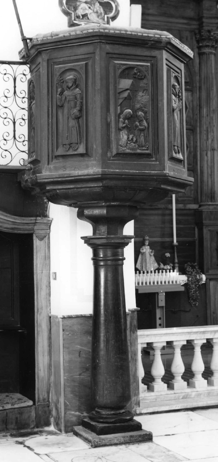 NATIVITA'; SNativita'; San Francesco; San Ludovico di Tolosa; San Bonaventura; San Bernardino; Sant'Antonio (pulpito) - produzione ligure (fine sec. XVI)