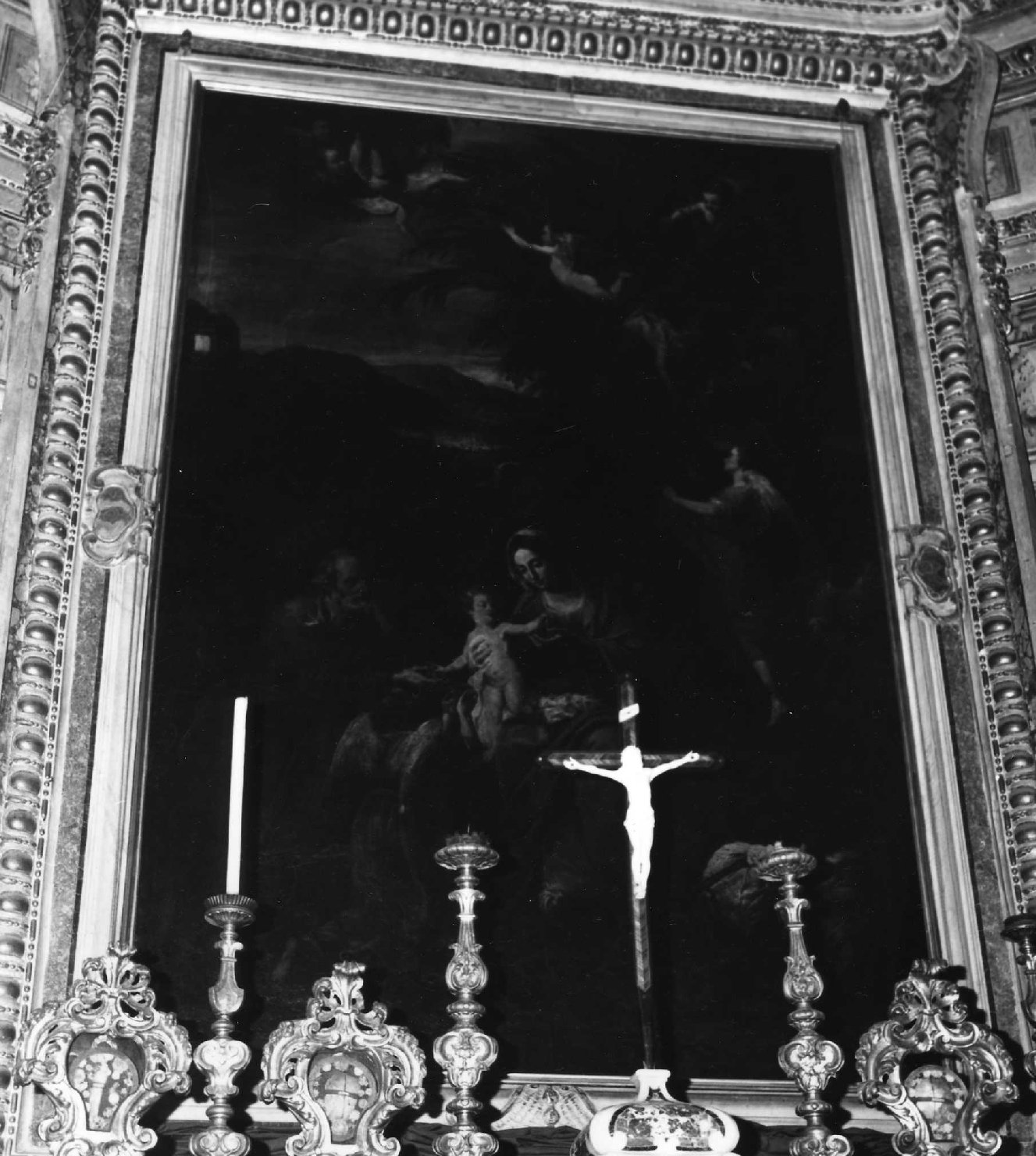 la sosta, Sacra Famiglia riposa nella fuga in Egitto (pala d'altare, opera isolata) di Fiasella Domenico detto Sarzana (attribuito) (secondo quarto sec. XVII)