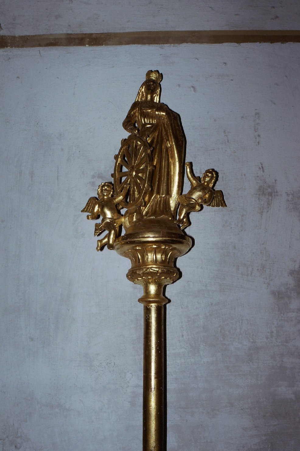 SANTA CATERINA D'ALESSANDRIA E IL MIRACOLO DELLA RUOTA (mazza processionale, opera isolata) - bottega ligure (inizio sec. XIX)