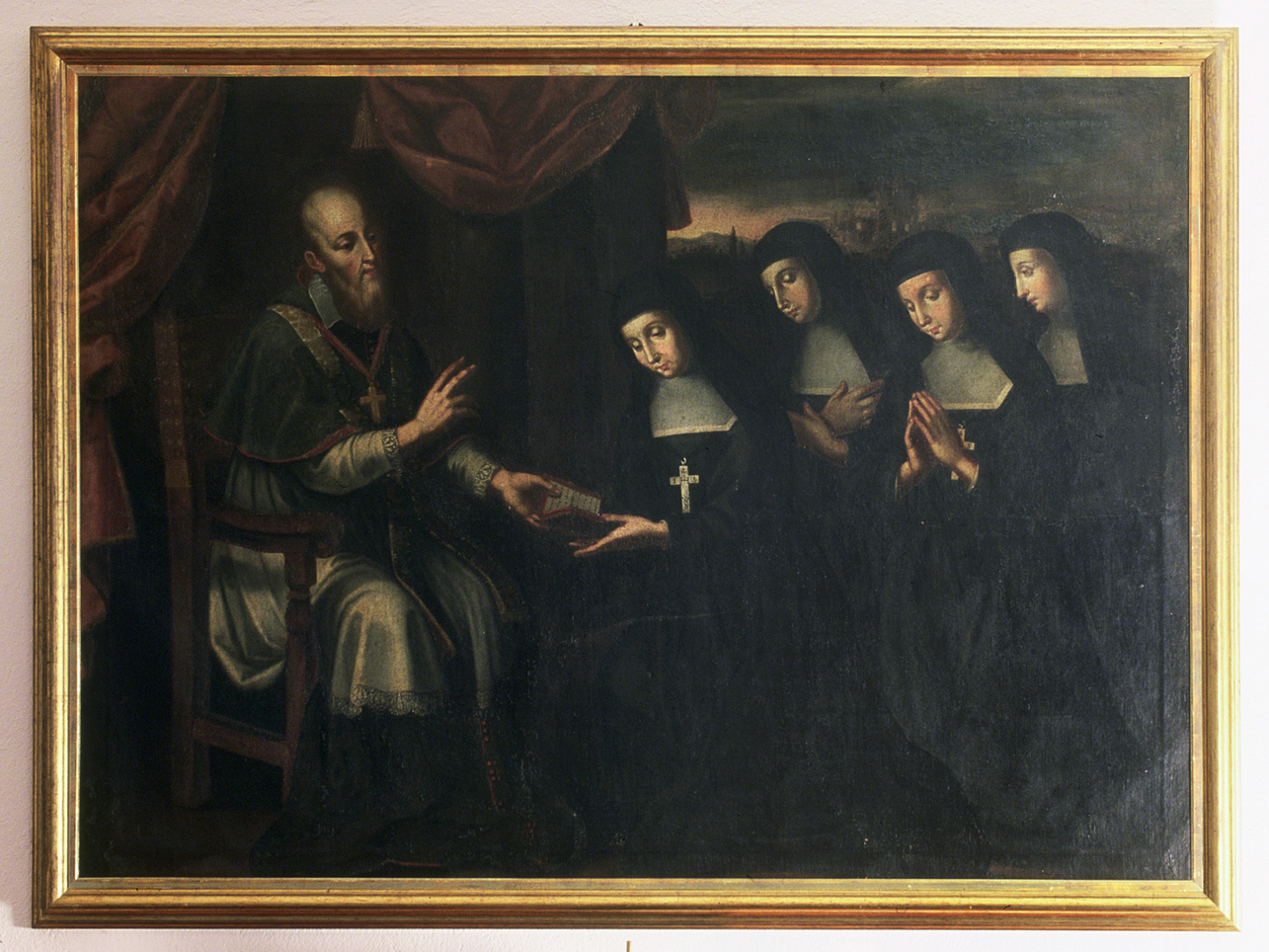 San Francesco da Sales consegna la regola alle suore fondatrici (dipinto, opera isolata) - ambito ligure (sec. XVIII)