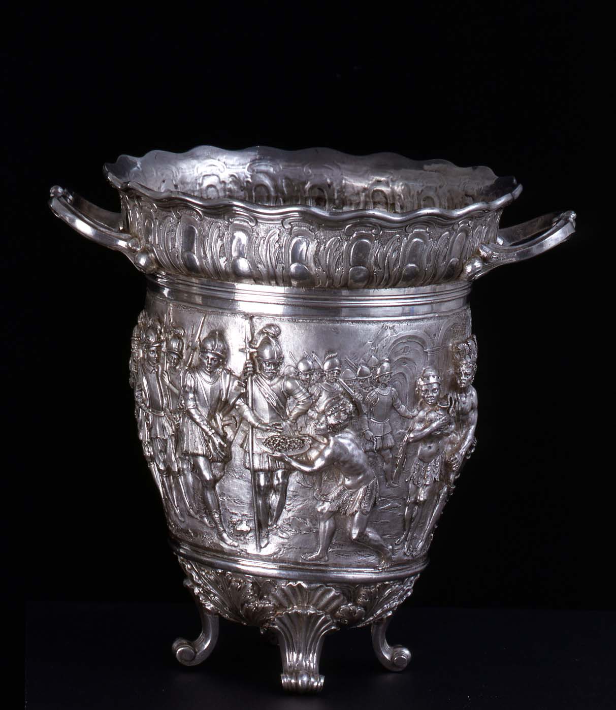 omaggio degli indigeni a cristoforo colombo (vaso, elemento d'insieme) di Aelbosca Gio (secondo quarto sec. XVII)