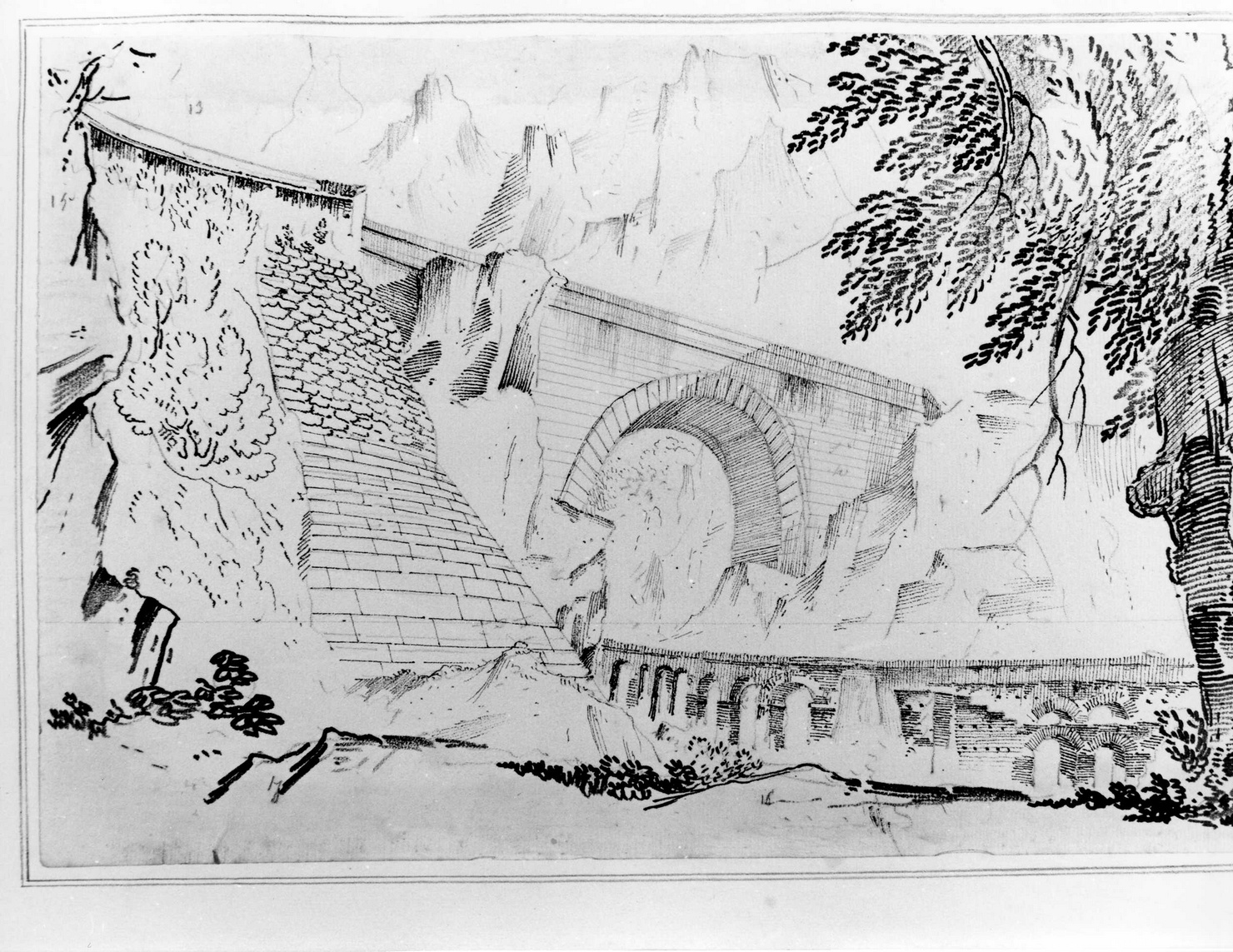 VEDUTA DI PONTE SAN LUIGI DA OVEST, paesaggio (disegno) di Fevronnaj (attribuito) (prima metà sec. XIX)