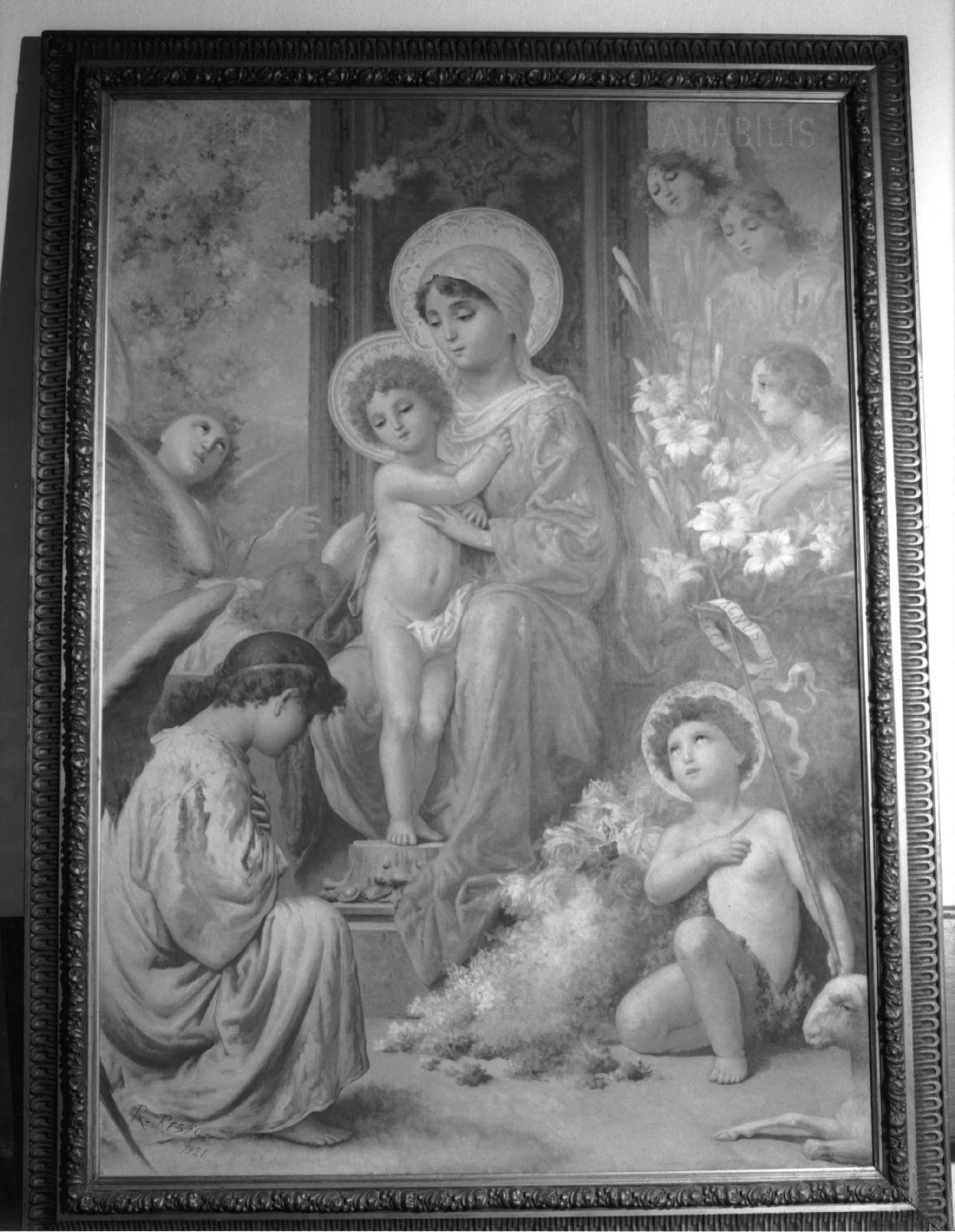 madonna con Bambino San Giovannino e angeli (dipinto, opera isolata) di Resio Raffaello (sec. XX)