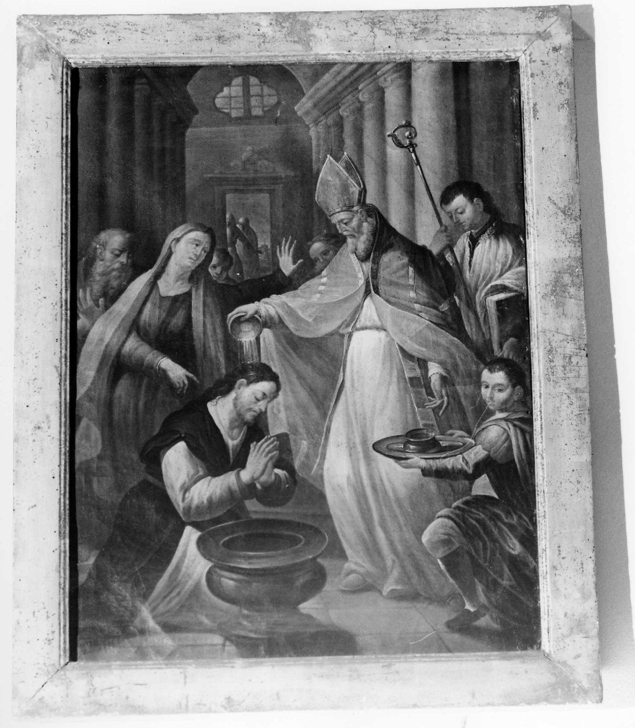 Sant'Ambrogio battezza Sant'Agostino (dipinto, opera isolata) di Oxilia Agostino (prima metà sec. XIX)