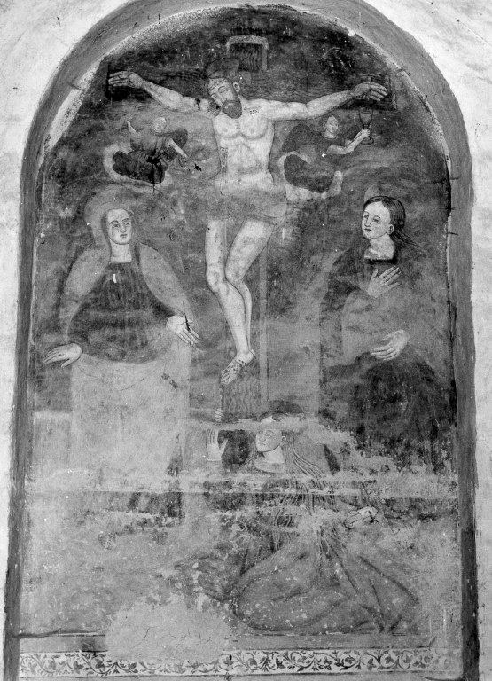 Cristo crocifisso tra la Madonna, San Giovanni e Santa Maria Maddalena (dipinto) - ambito laziale (secc. XV/ XVI)