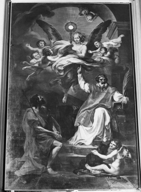 ostensorio sorretto da un angelo tra San Clemente e San Rocco (dipinto) - ambito viterbese (sec. XVIII)