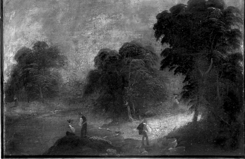 paesaggio con fiume e figurine (dipinto) - ambito napoletano (prima metà sec. XIX)