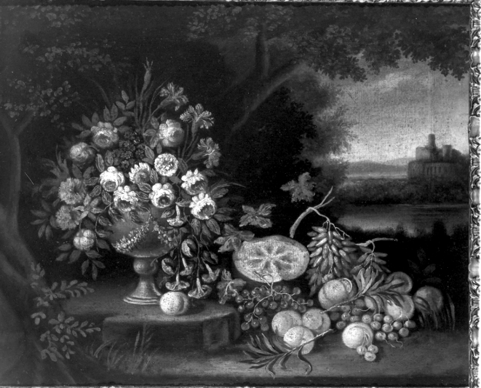 Paesaggio con fiori e frutta (dipinto) - ambito napoletano (sec. XVIII)