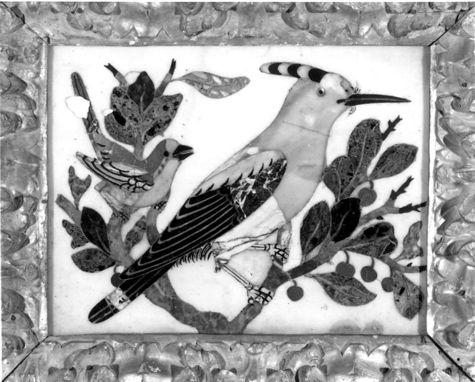 due uccelli su un ramo con foglie e frutti (decorazione a intarsio, complesso decorativo) - ambito Italia centro-meridionale (fine/inizio secc. XVII/ XVIII)