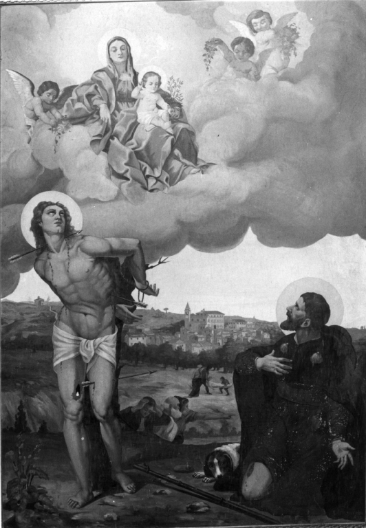 Madonna in gloria con Bambino e i santi Rocco e Sebastiano (dipinto) di Tosti A (sec. XX)