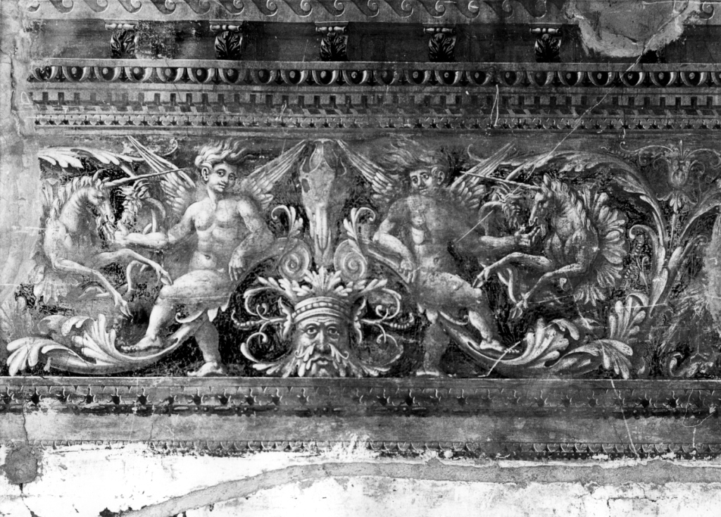 girali con figure fantastiche e grottesche (dipinto) - ambito romano (sec. XVI)