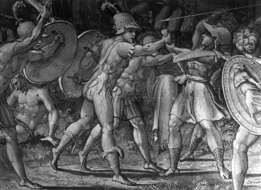 approdo di navi da guerra e battaglia nei pressi di una città (dipinto) - ambito romano (sec. XVI)