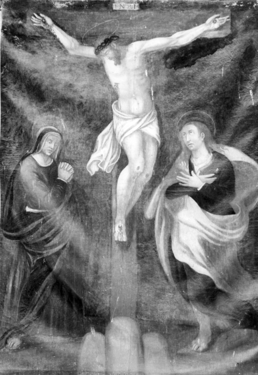 crocifissione di Cristo con la Madonna e San Giovanni Evangelista (dipinto) - ambito viterbese (sec. XVII)