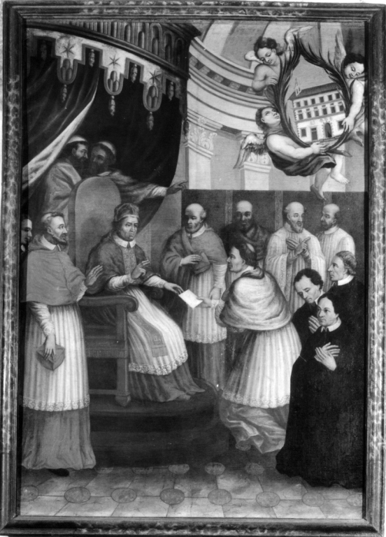 papa Clemente XI concede in enfiteusi il palazzo Farnese alla Congregazione dei padri Filippini (dipinto) - ambito laziale (sec. XVIII)