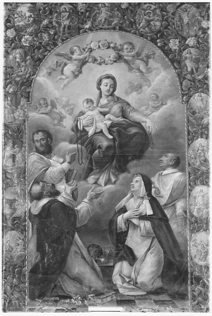 Madonna del Rosario con i santi Domenico, Caterina da Siena, Filippo Neri e Carlo Borromeo (dipinto) - ambito laziale (fine sec. XVII)