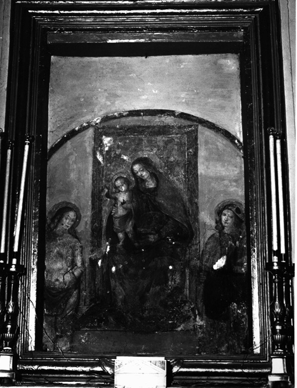 Madonna con Bambino in trono tra San Sebastiano e San Rocco (dipinto) di Antonio del Massaro detto Pastura (maniera) (seconda metà sec. XV)