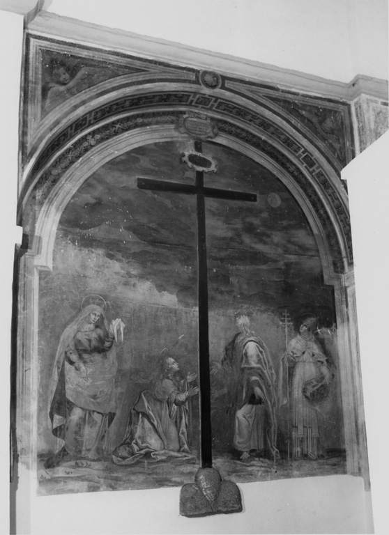 Cristo crocifisso con la Madonna, Santa Maria Maddalena, San Giovanni evangelista e Santo papa (dipinto) - ambito Italia centrale (inizio sec. XVII)