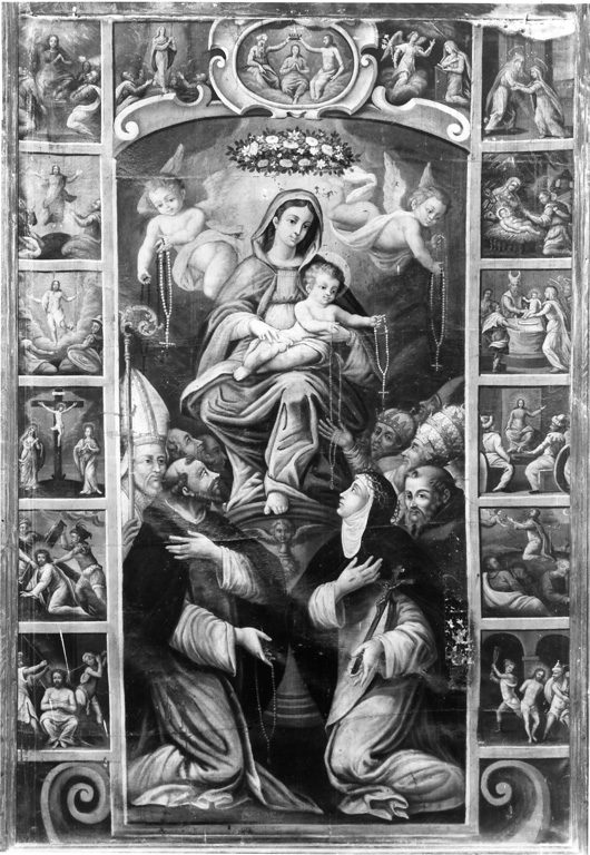 Madonna del Rosario con Santi domenicani e misteri del rosario (dipinto) - ambito Italia centrale (sec. XVII)