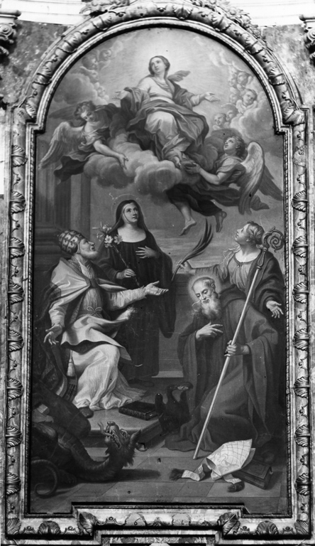 apparizione dell'Assunta a San Benedetto, Santa Margherita, Santa Scolastica e San Silvestro papa (dipinto) di Pesci Girolamo (metà sec. XVIII)