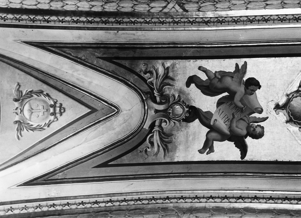Stemma del vescovo Massimo Rinaldi e putti reggicartiglio (dipinto) di Monti Virginio (sec. XX)