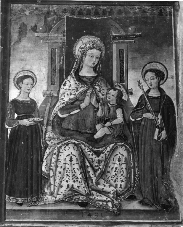 Madonna con Bambino in trono tra santi (dipinto, complesso decorativo) di Maestro della Madonna della Misericordia (fine sec. XV)