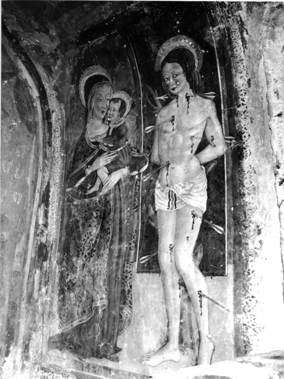 Madonna con Bambino e San Sebastiano (dipinto, complesso decorativo) - ambito laziale (sec. XV)