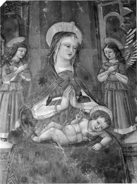 Madonna con Bambino in trono tra santi (dipinto, complesso decorativo) di Maestro della Madonna della Misericordia (attribuito) (fine sec. XV)